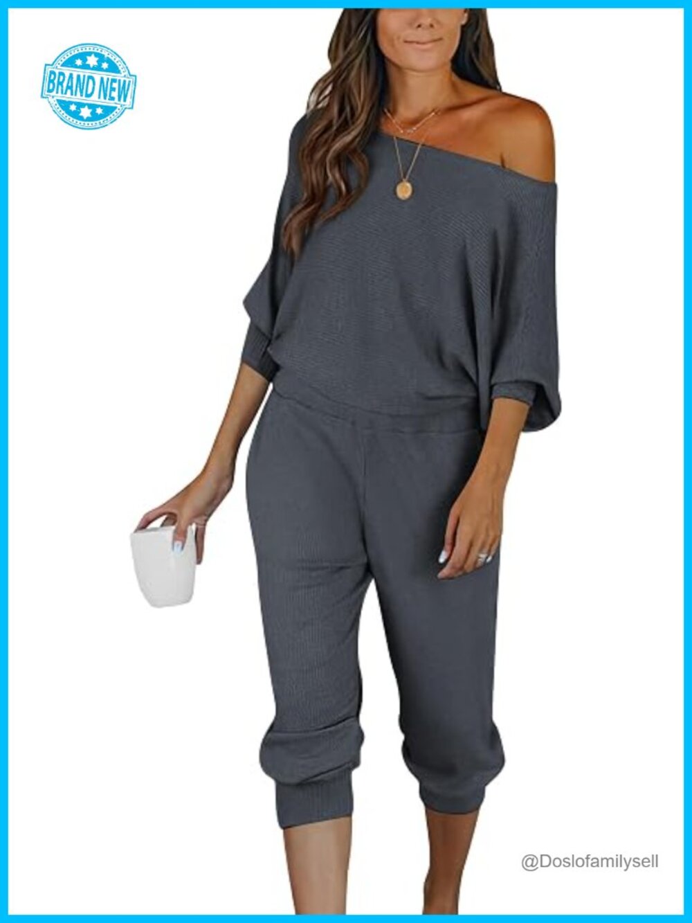 Two Piece Ribbed Knit Lounge Set Off Shoulder Top and Pants